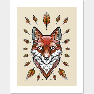 geometric fox and fall leaves Posters and Art